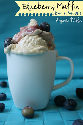 A mug of blueberry muffin ice cream with fresh blueberries from www.anyonita-nibbles.com