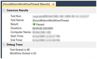 The test results show the workflow ran on a different thread