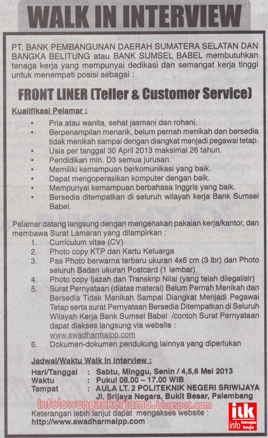 Lowongan Kerja Frontliner Bank SUMSEL BABEL  SumSel 