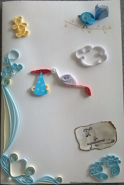 carte bienvenue bébé oiseux et pieds en quilling