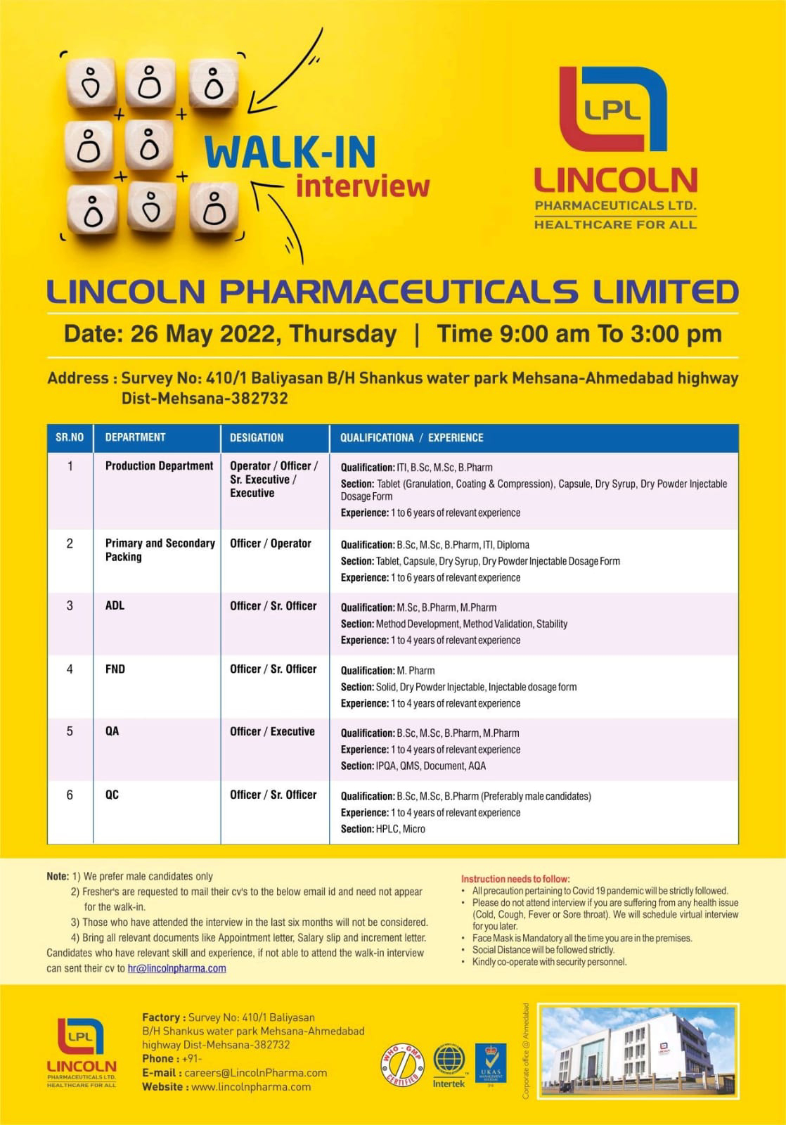 Job Availables,Lincoln Pharmaceuticals Ltd Walk-In-Interview For BSc/ MSc/ B.Pharm/ ITI/ M.Pharm/ Diploma