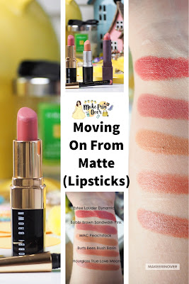 Moving On From Matte (Lipsticks) MAC Peach stock , Bobbi Brown Sandwash Pink, Estee Lauder Dynamic , Burts Bees blush basin , Hourglass confession Swatches true love means, swatch