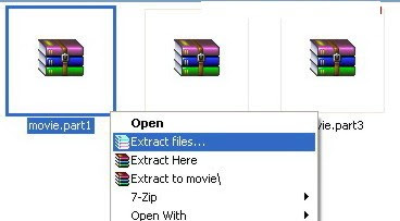 combine movie part1.rar, part2.rar using winrar