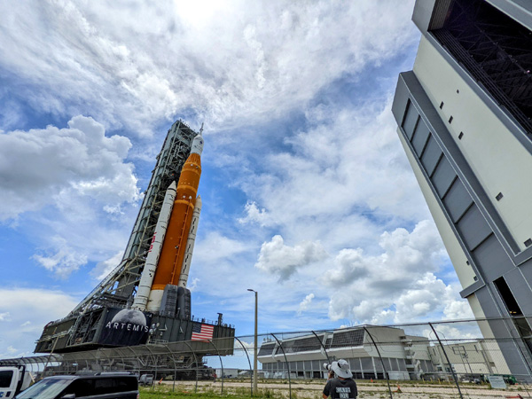 The Space Launch System rocket is about to enter the Vehicle Assembly Building at NASA's Kennedy Space Center in Florida to begin final Artemis 1 launch preps...on July 2, 2022.