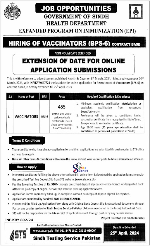 Health Department Sindh Vaccinator Jobs 2024 (خالی آسامیاں 455)
