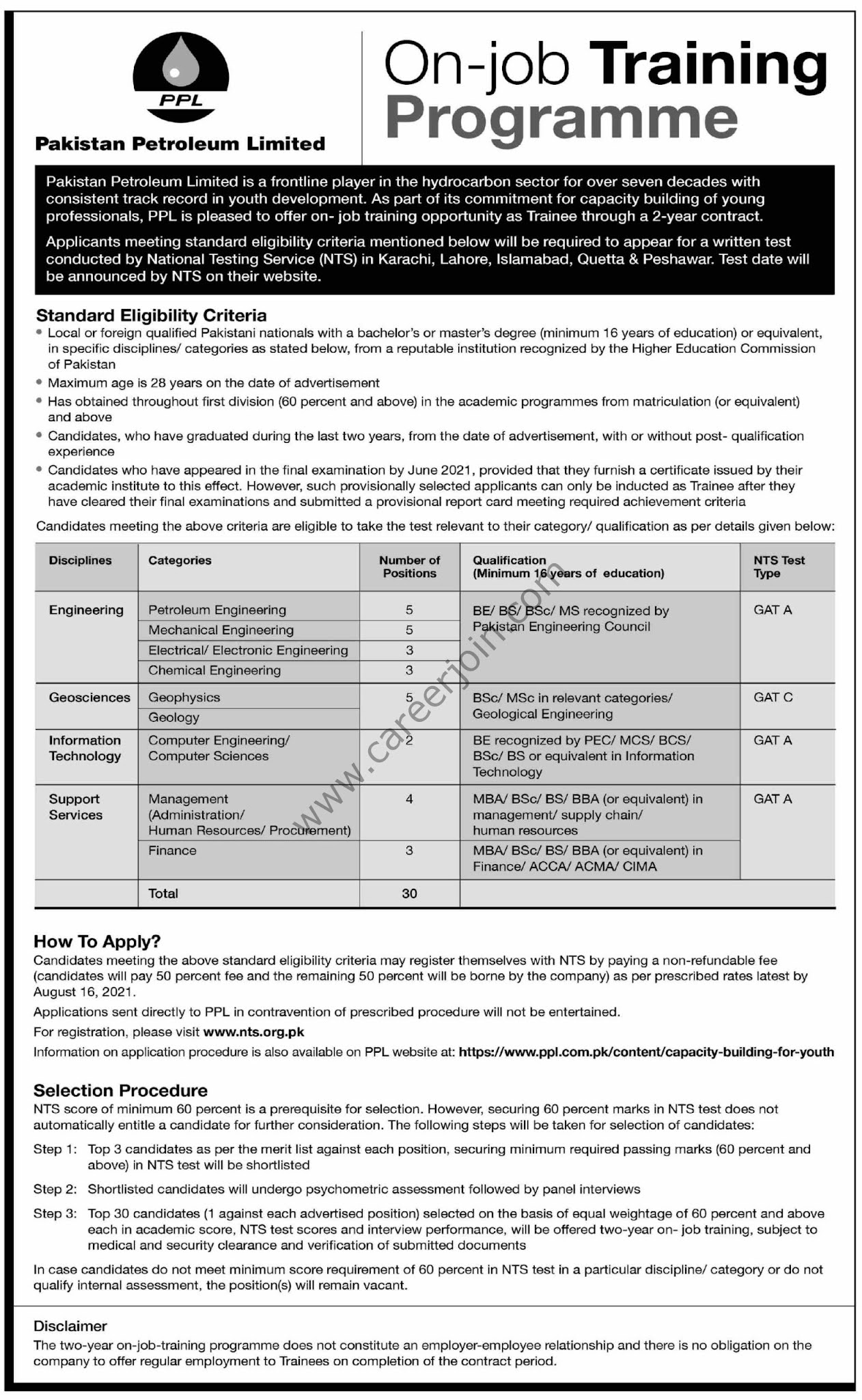 Pakistan Petroleum Ltd On Job Training Programme 2021