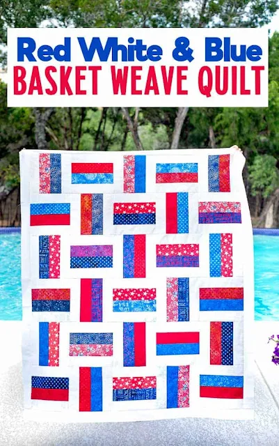 red white and blue basket weave quilt