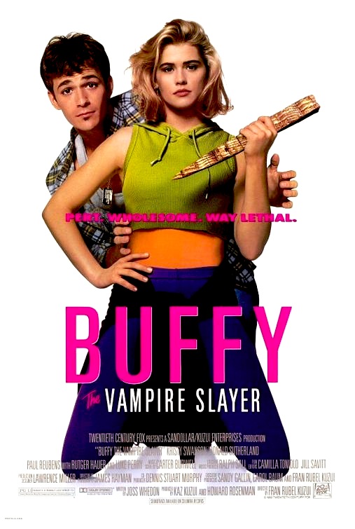 'Buffy' poster with Kristy Swanson on her knees, holding a stake, in blue sweatpants and green top exposing midriff that shows orange shirt underneath