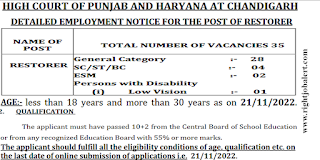 Restorer 10+2 Jobs in Punjab and Haryana High Court Chandigarh