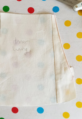 Image shows the inner lining piece (in calico) with the slanted edge's seam allowance folded to the wrong side and stitched down.