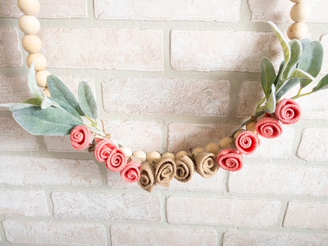 bottom half farmhouse wood bead wreath pink burlap flowers