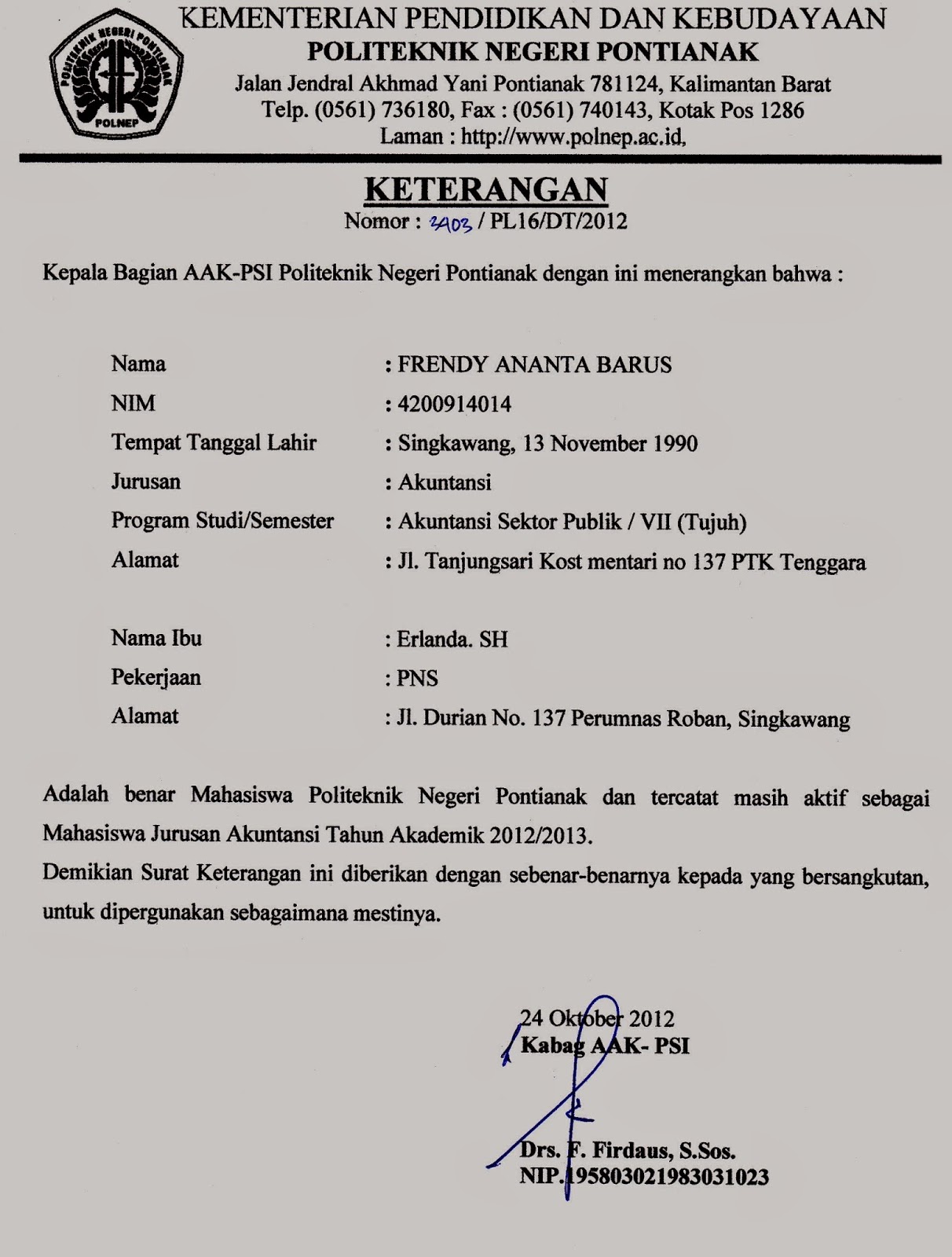 Surat Keterangan Aktif Kegiatan Organisasi April 2015 