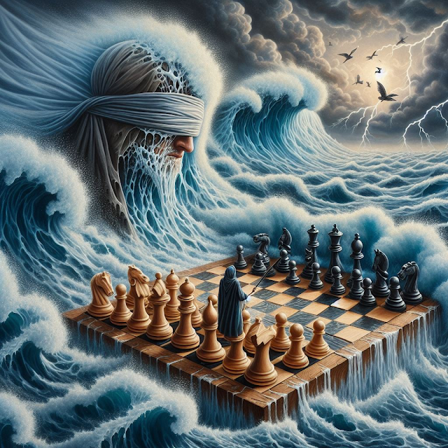 A chessboard sitting in a raging ocean of ideas with a head comming out of the ocean observing it with a blindfold on.