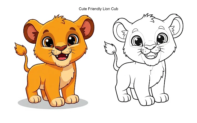Simple cartoon lion cub outline coloring page for toddlers 2-3 years