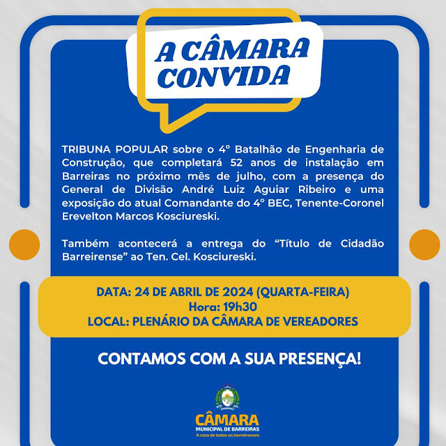 Tribuna Popular na Câmara de Vereadores evidenciará o trabalho desenvolvido pelo 4º Batalhão de Engenharia de Construção instalado em Barreiras*