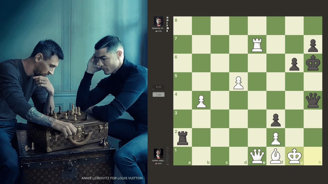Messi Ronaldo playing chess middle on - AI Photo Generator - starryai