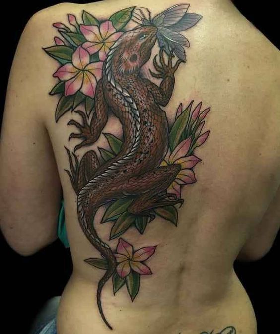Lizard-with-Flowers-Colourful-Back-Tattoo