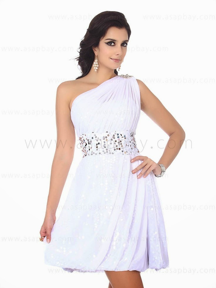 One shoulder A line white Christmas party dress sequins crystal