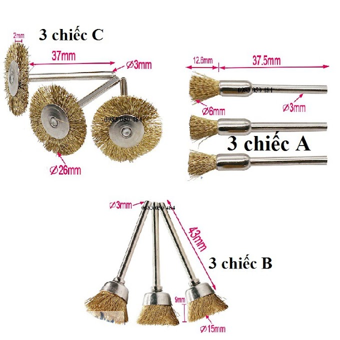 chổi Đánh Gỉ Trục 3mm Sợi Đồng (Chổi Chụm, xòe có cả ) 3 chổi