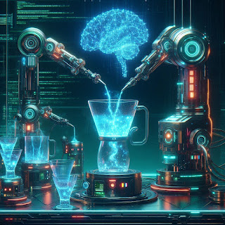 Explore a cutting-edge cyberpunk laboratory where artificial intelligence is brewed like coffee. Robotic arms pour glowing data streams into cups while holographic neural networks float in the air, representing the fusion of technology and creativity in the age of AI.