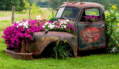 Carro com flores no jardim - reciclagem