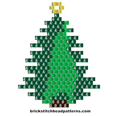 Click for a larger image of the Tall Green Christmas Tree brick stitch bead pattern labeled color chart.