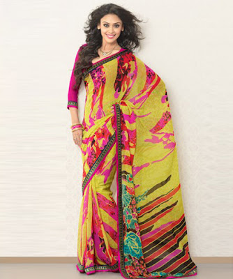 Hrishitaa Bhatt BRAND: Brijraj CATEGORY: Saree with Unstitched Blouse  COLOUR: Saree: Yellow and Multi Blouse: Magenta  MATERIAL: Saree: Poly Georgette Blouse: Poly Georgette