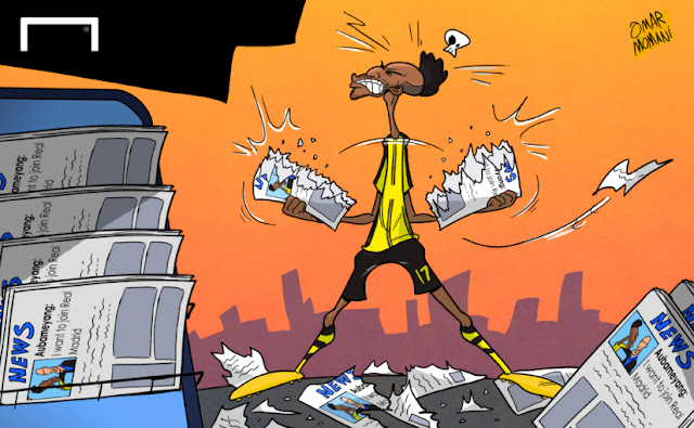 Aubameyang ripping newspapers cartoon