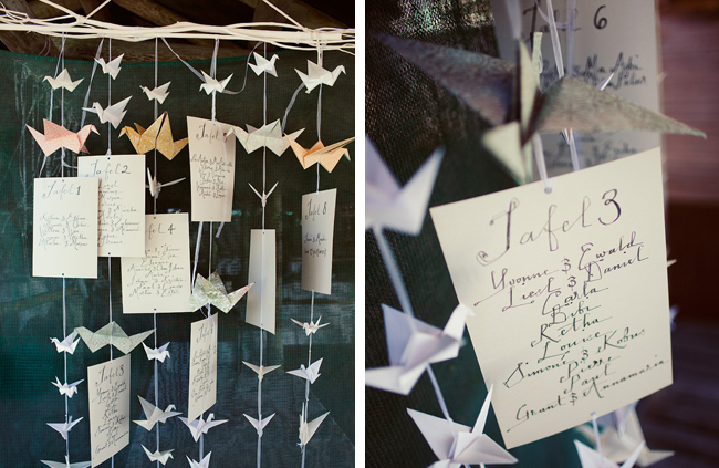 Paper crane seating chart and a beautiful beach wedding