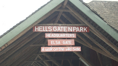 A picture of the sign above the entrance to Hell's Gate Park.