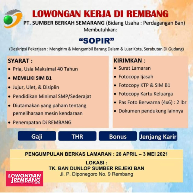 Lowongan Kerja Sopir PT Sumber Berkah Semarang Penempatan Rembang