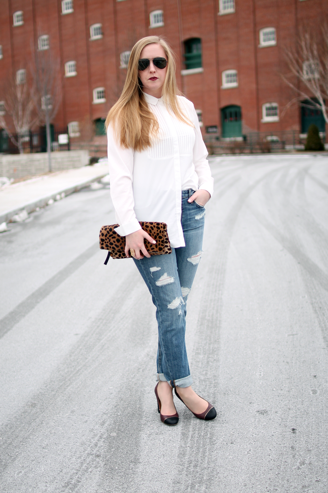 TopShop x Nordstrom pleated yoke shirt, joes destroyed slouch slim jeans, boston style blog, boston blogger, fashion blogger style, jcrew color black heels, clare v foldover clutch