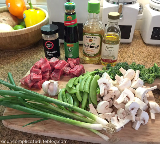 Fresh ingredients for Beef, Snap Pea and Mushroom Stir Fry