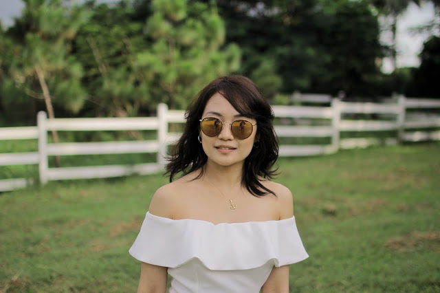 off-shoulder white dress, tagaytay, Rayban rose pink