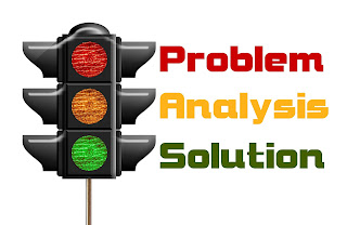 Traffic light with words "problem, analysis, solution"