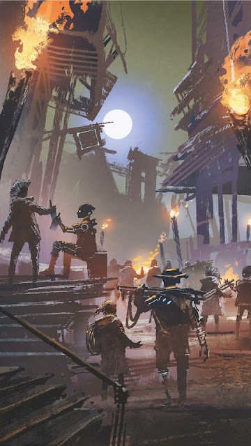 People in post-apocalyptic styled clothing on varying levels of tall structures and stairwells, carrying weapons and resources.