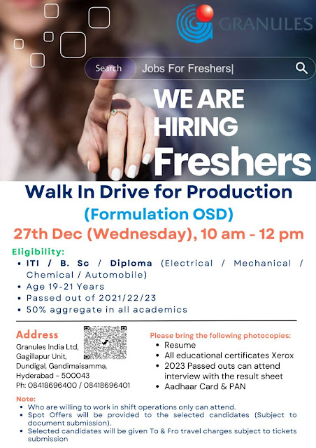Granules India Walk In Interview For Fresher in Production Department