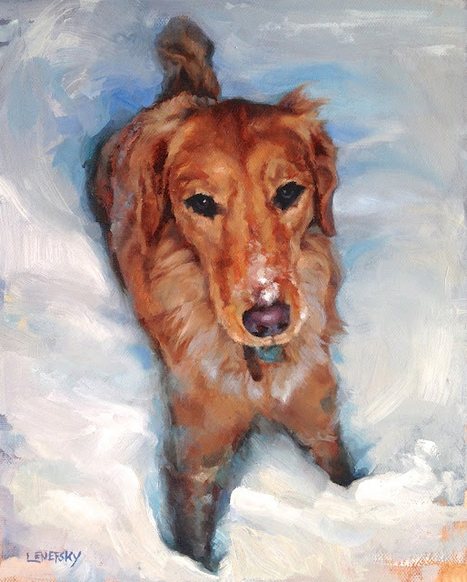 Golden Retriever in the Snow, oil painting by Heather Lenefsky Art