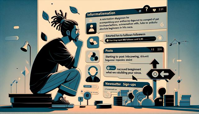 An abstract minimalistic illustration of a casual Japanese man with dreadlocks, reflecting on the growth of his information dissemination account. The scene depicts him observing the increase in followers to 31 and starting to post original content aimed at absolute beginners in his niche. Include abstract representations of the digital social media environment, such as follower icons, posts, and a lack of engagement depicted in a visually symbolic way. Also, illustrate his inspiration from observing another account with 800 followers and the slow but steady increase in newsletter sign-ups. The style is minimalistic, focusing on the themes of persistence, the challenge of building an audience, and the determination to continue despite past pauses in activity.