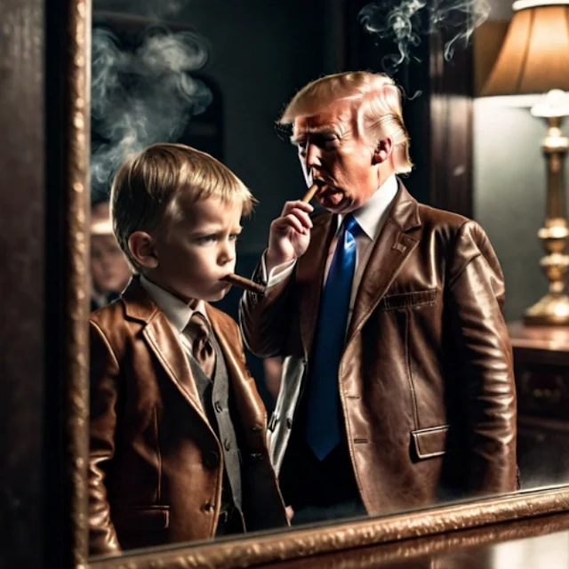 Donald Trump and little kid Donald Trump wearing matching burnt sienna leather suits smoking cigars in the mirror