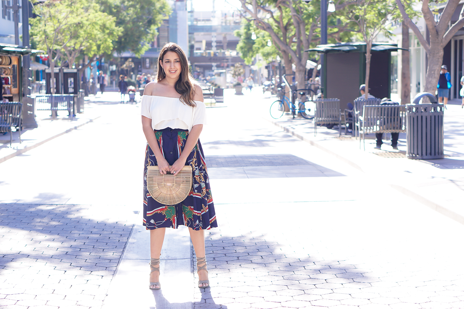 Santa Monica 3rd Street Promenade Shopping, Wearing a forever 21 off the shoulder white top, a Zara blue midi skirt, Steve Madden Christey Heels, and a Cult Gaia bag