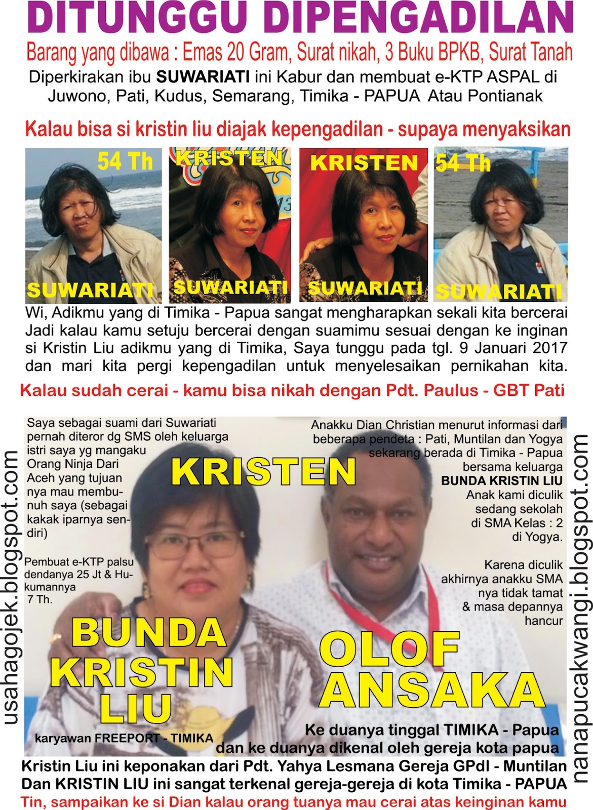 Anak hilang, Penculikan, E-KTP Ganda / ASPAL, Istri kabur 