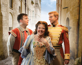 IN REVIEW: (from left to right) tenor DAVID BLALOCK as Nemorino, soprano JODI BURNS as Adina, and baritone GREGORY GERBRANDT as Belcore in Piedmont Opera's March 2019 production of Gaetano Donizetti's L'ELISIR D'AMORE [Photograph © Mariedith Appanaitis / Piedmont Opera]