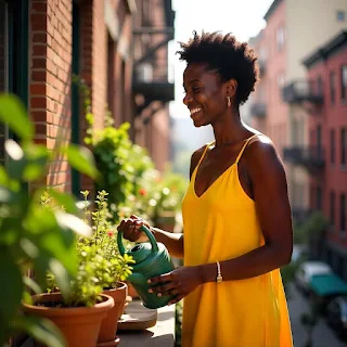 A young African woman with short natural hair, wearing a bright yellow sundress, smiles as she waters potted plants on a sunny apartment balcony in Brooklyn during a summer afternoon.