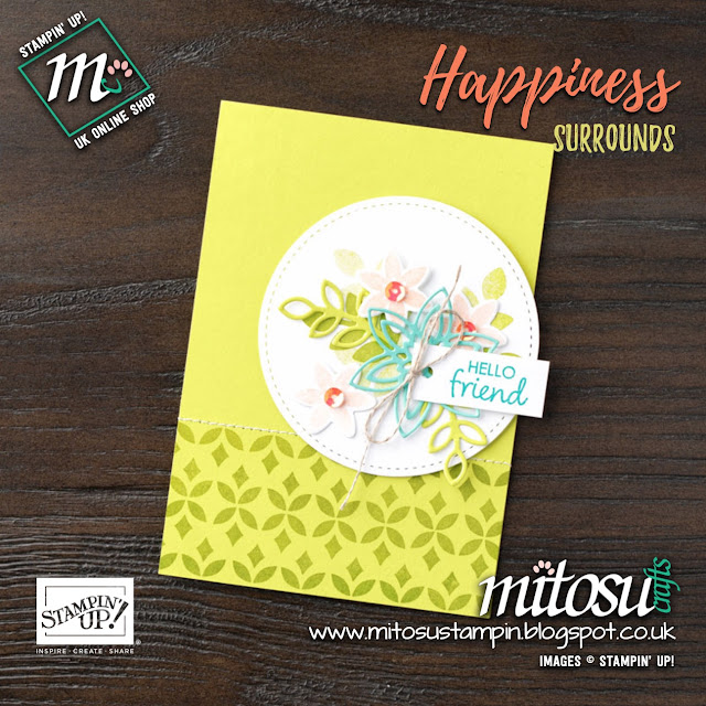 Stampin' Up! Happiness Surrounds & Snowfall Thinlits Card Idea. Order Snowflake Showcase Online from Mitosu Crafts UK