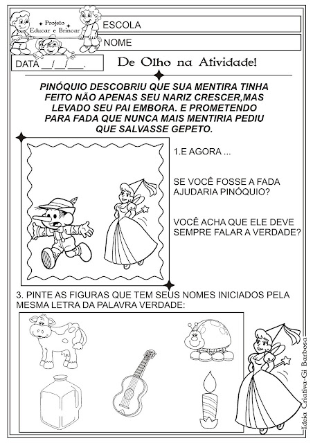 Atividade Conto Pinóquio Valores