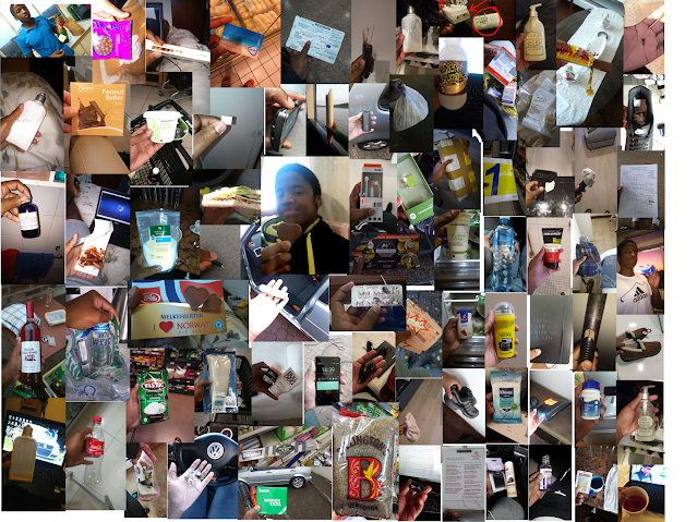 A collage of 40 photos of Lwanda holding an object in his hand and sending me a photo of it, usually because it's something he wants to show me