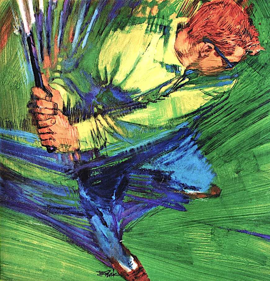 a Bob Peak illustration of a golfer's swing