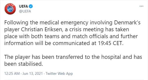 UEFA confirms that Christian Eriksen has been stabilised and has been taken to hospital