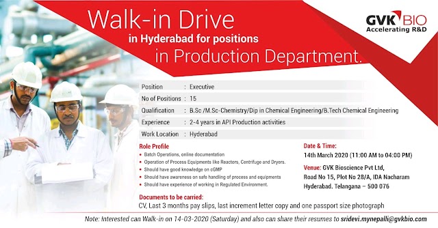 GVK bio  Walk-in for Production on 14 Mar 2020 at Hyderabad